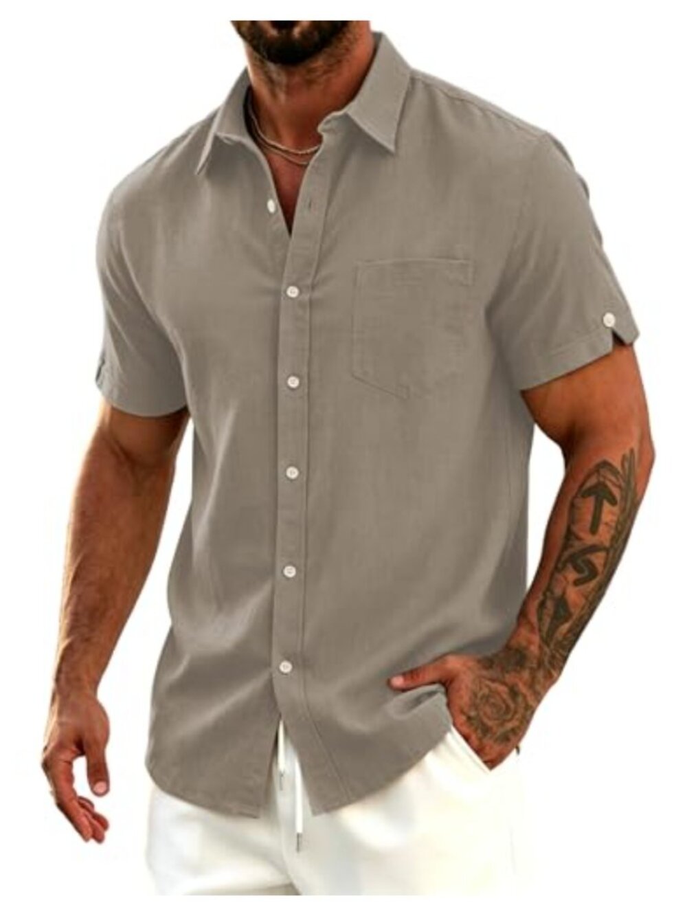 Men's Cotton Linen Short Sleeve Button Up Shirt Casual